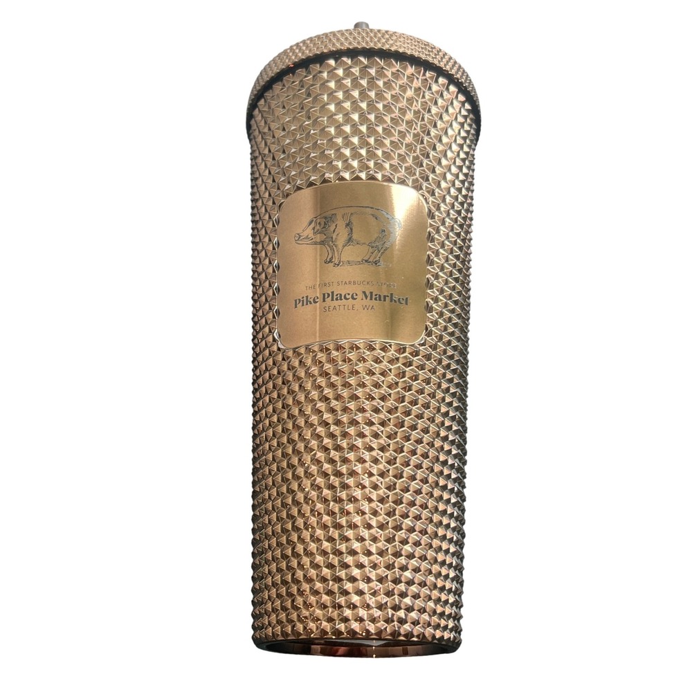 NWT - Starbucks First Store Pike Place Rose Gold Studded Tumbler 24oz Rachel Pig - Picture 2 of 6